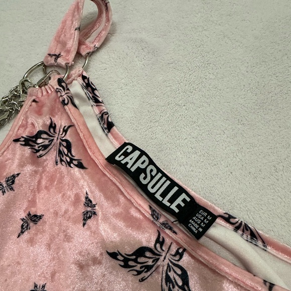 Dolls Kill Capsule One Shoulder Velour Chain Butterfly Pink Mini Dress - Picture 2 of 3